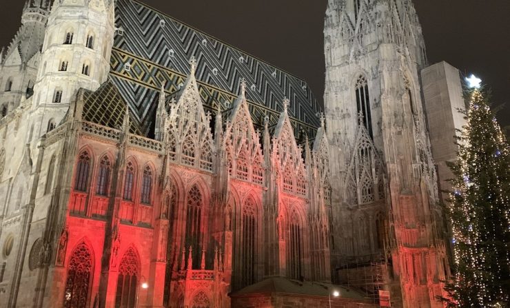 St. Stephens Cathedral in Vienna light up in red to signal "Red Wednesday" in remembrance of Christian Persecution worldwide